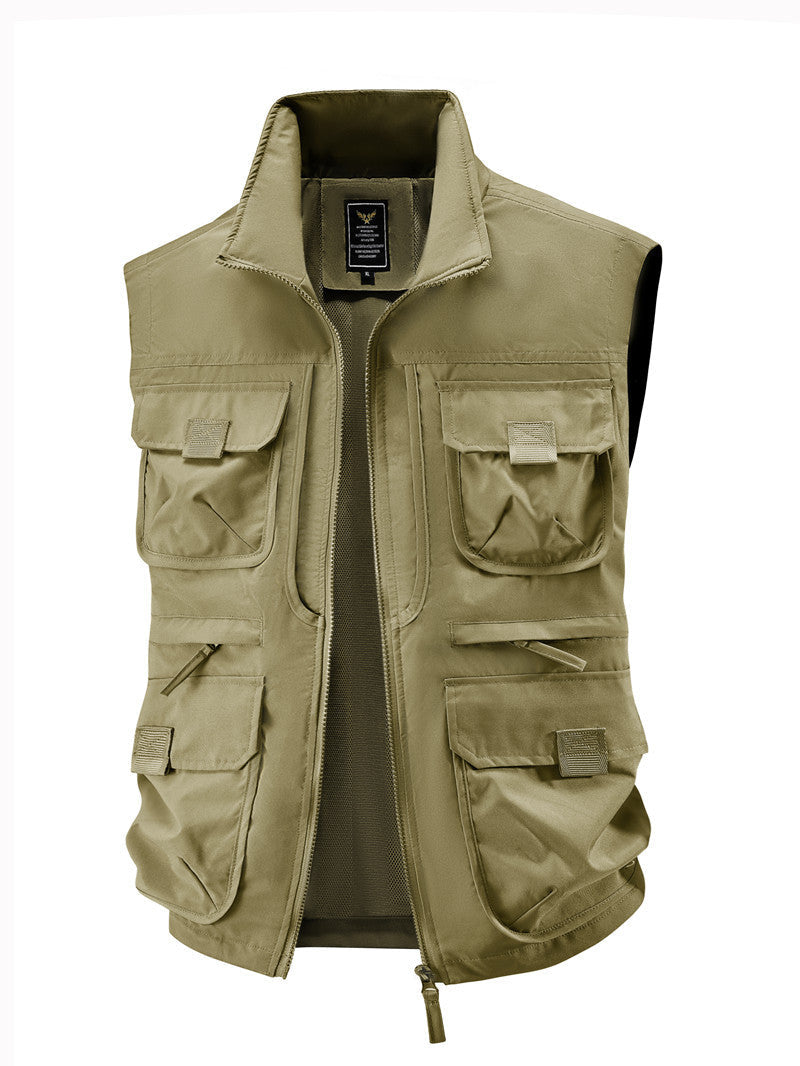 Herr Multi-Pocket Utility Väst med Hög Krage Tvåvägsdragkedja och Mesh Foder