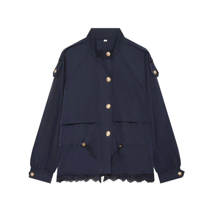 Dam lätt field jacka med dragsko, ståkrage, epaulettes, och lace trim