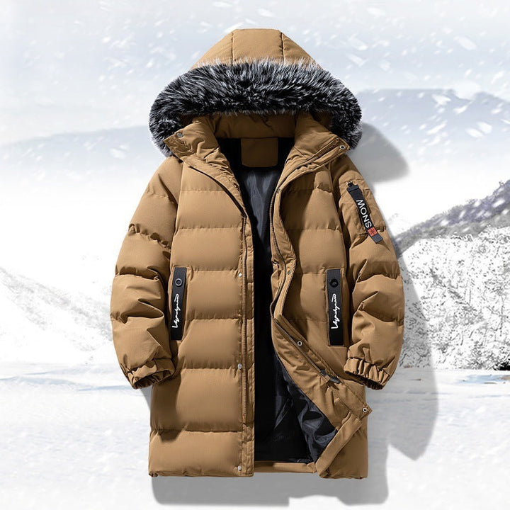 Herr longer quiltad parka med huva och fusk päls trim