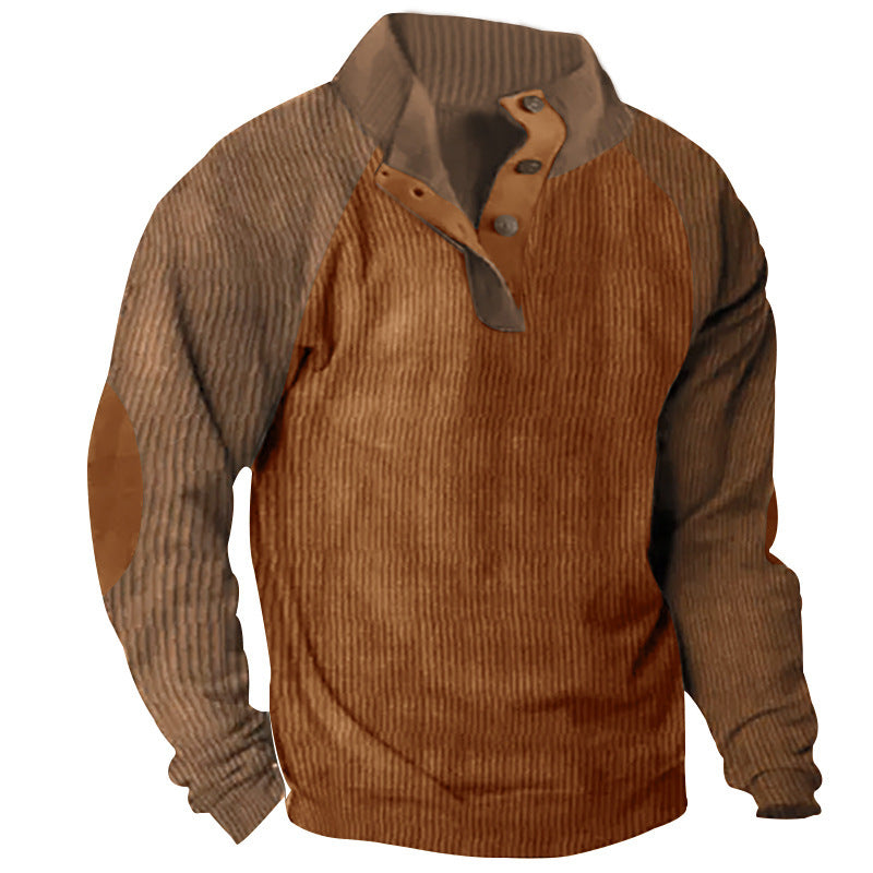 Herr Strukturerad Raglan Henley Pullover med Ståkrage, Elbow Lappar &amp; Knapplist