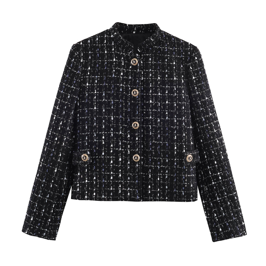 Dam avslappnad tweed jacka med ståkrage, decorative knappar, och påsydda fickor