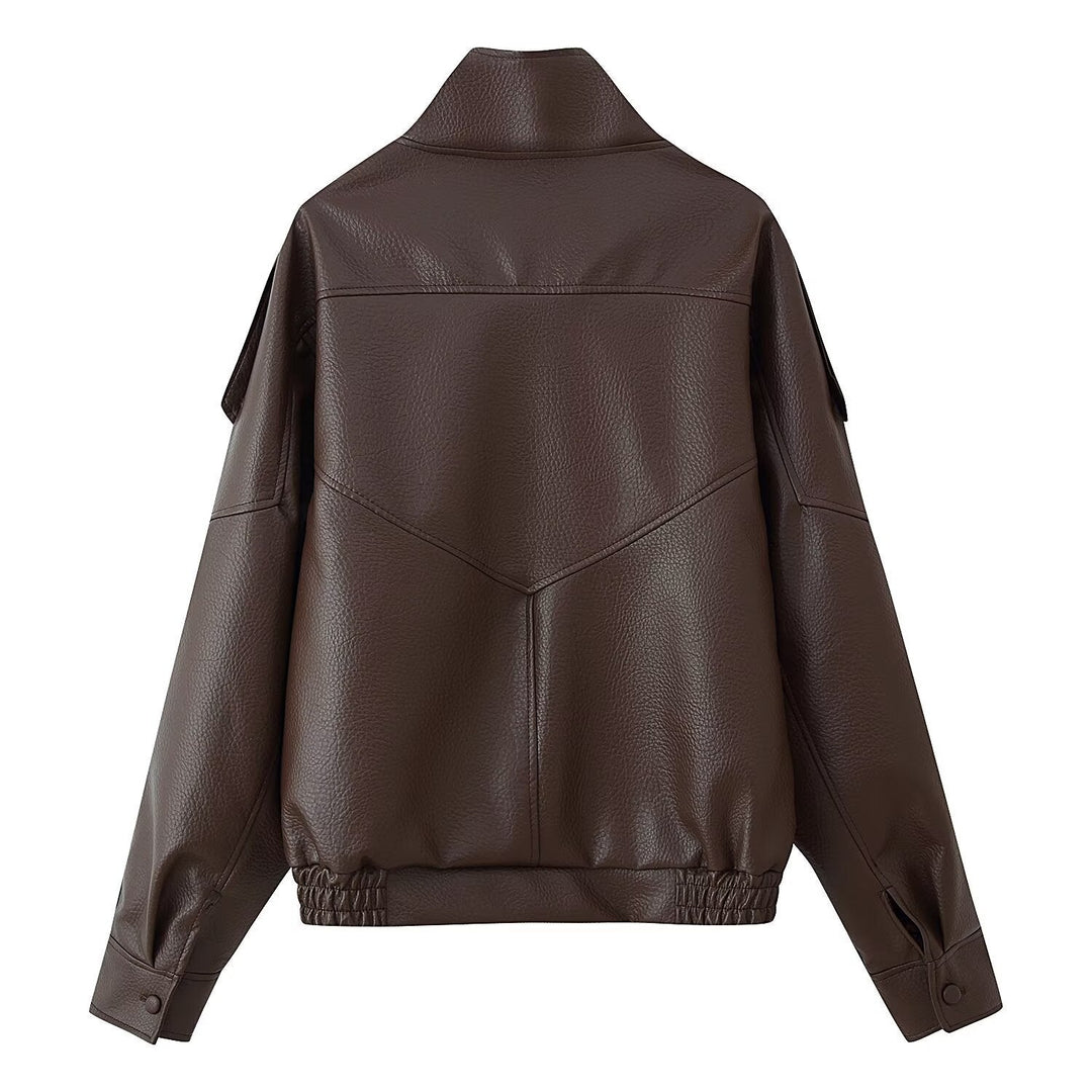 Dam Oversized Konstläder Jacka med Skjortkrage och Elastic Fåll