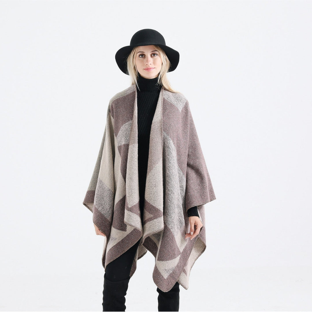 Dam oversized ruana tillverkad av ullblandning med geometric intarsia och open kimono fall