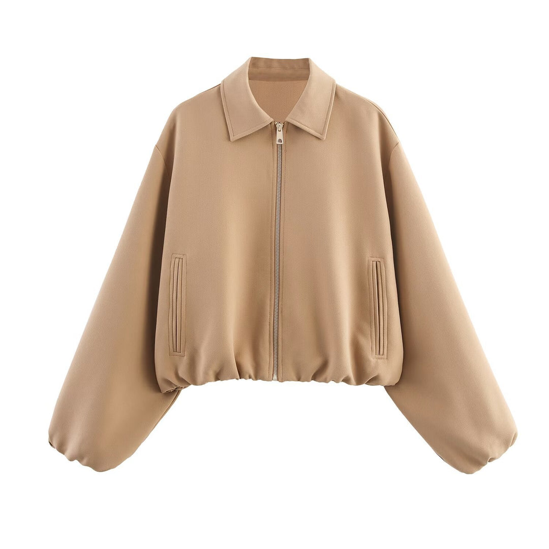 Dam 20+ Kort Oversize Blouson Jacka med Dragkedja Gathered Nederkant och Balloon Ärmar