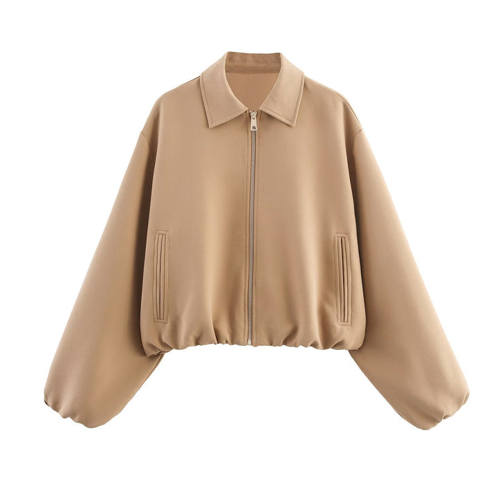 Dam 20+ Kort Oversize Blouson Jacka med Dragkedja Gathered Nederkant och Balloon Ärmar