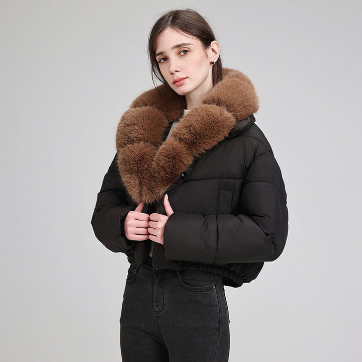 Dam cropped isolation jacka med voluminous faux fur sjalkrage och elastisk fåll