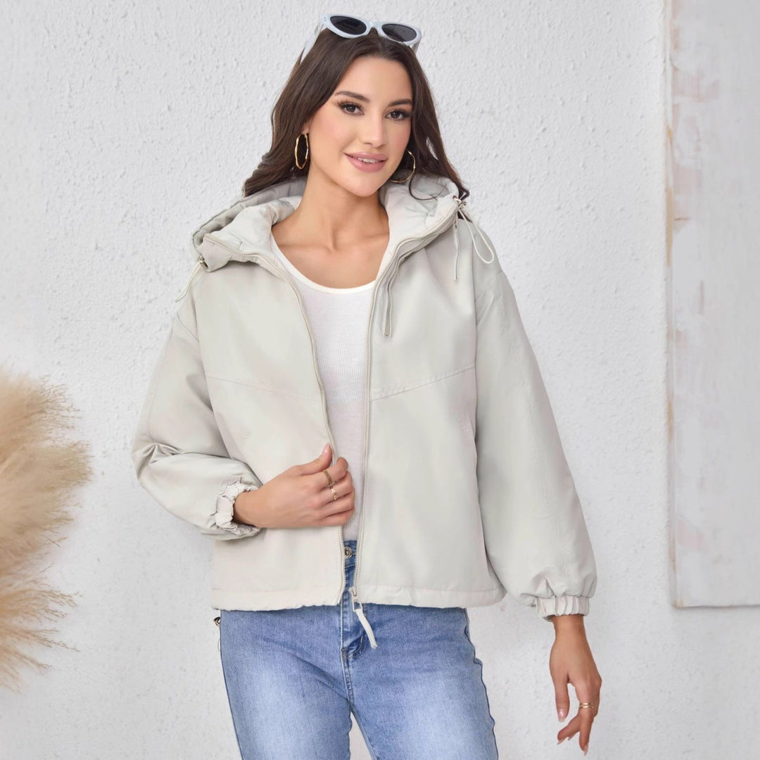 Dam vadderad Hooded jacka med Drawstring, Double Front dragkedja och elastiska muddar