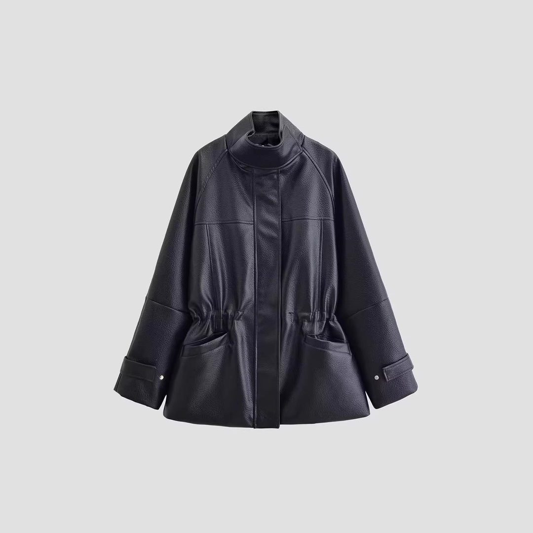 Dam Oversized Jacka i Läder Look med Ståkrage och Midjedragsko