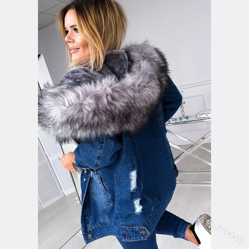 Dam oversize denim Parka med removable faux fur krage och used effect