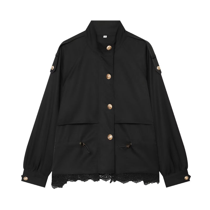 Dam lätt field jacka med dragsko, ståkrage, epaulettes, och lace trim