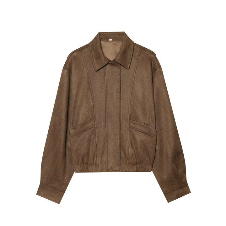 Dam Kort Boxig Blouson i Suede Look med Lock Fickor