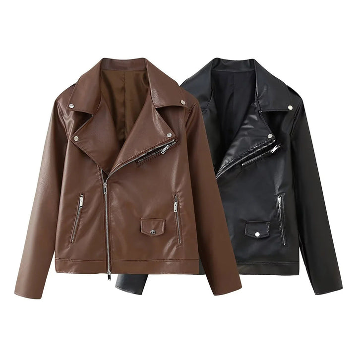 Dam figurnära konstläder bikerjacka med asymmetrisk dragkedja, bred lapels, och decorative pocket