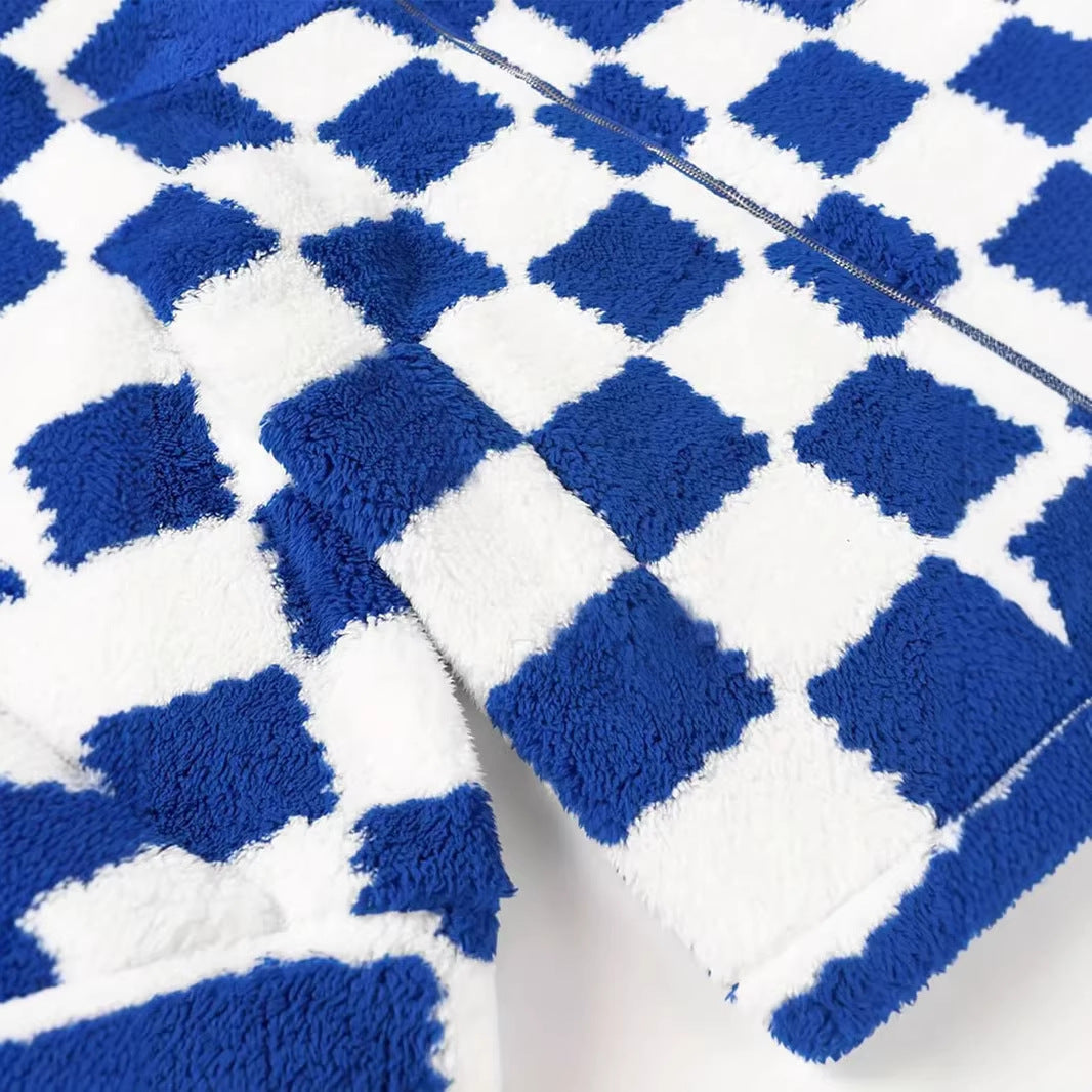 Dam rutig design Teddy fleecejacka med ståkrage, dragkedja och oversized skärning