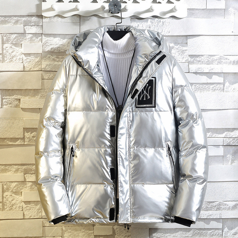 Herr Shiny Metallic Vadderad Jacka med Huva, Vindskyddande Surface och Sportig Utility Design
