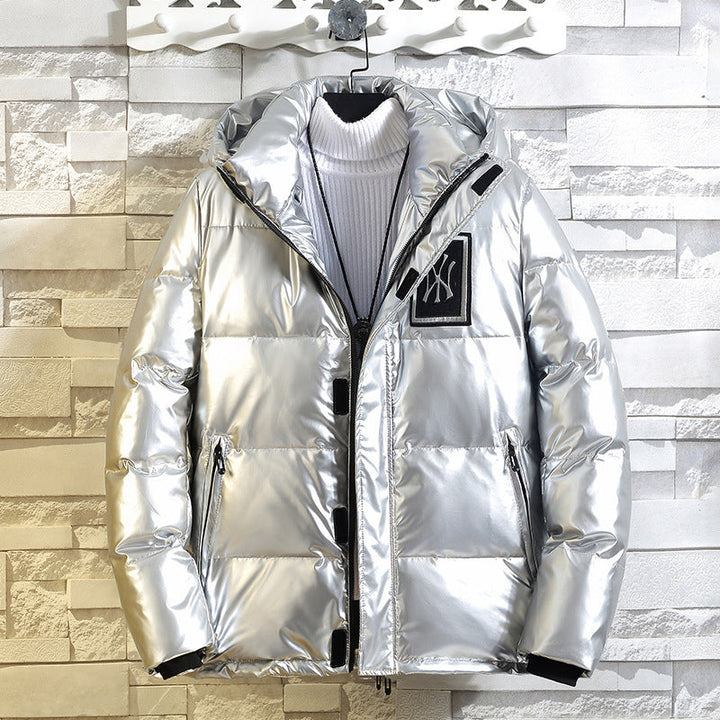 Herr Shiny Metallic Vadderad Jacka med Huva, Vindskyddande Surface och Sportig Utility Design