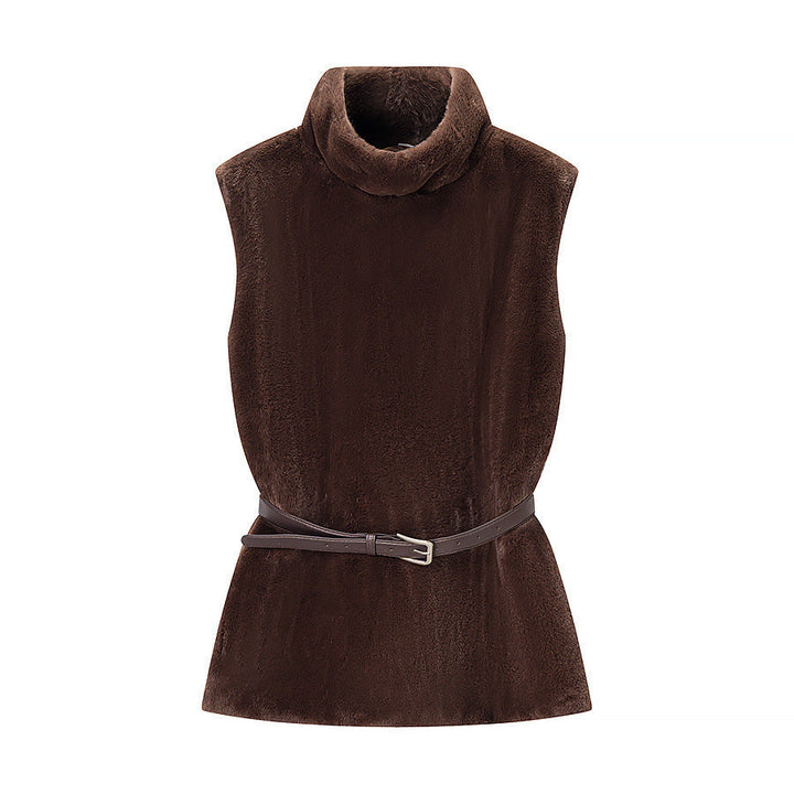 Dam ärmlös Faux Fur väst med ståkrage och Waistbelt