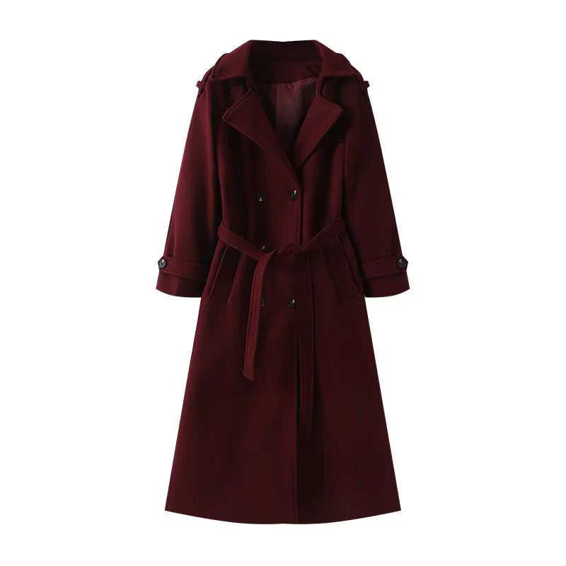 Dam longer ullblandning trenchcoat med sjalkrage, midjebälte, och double-breasted knäppning