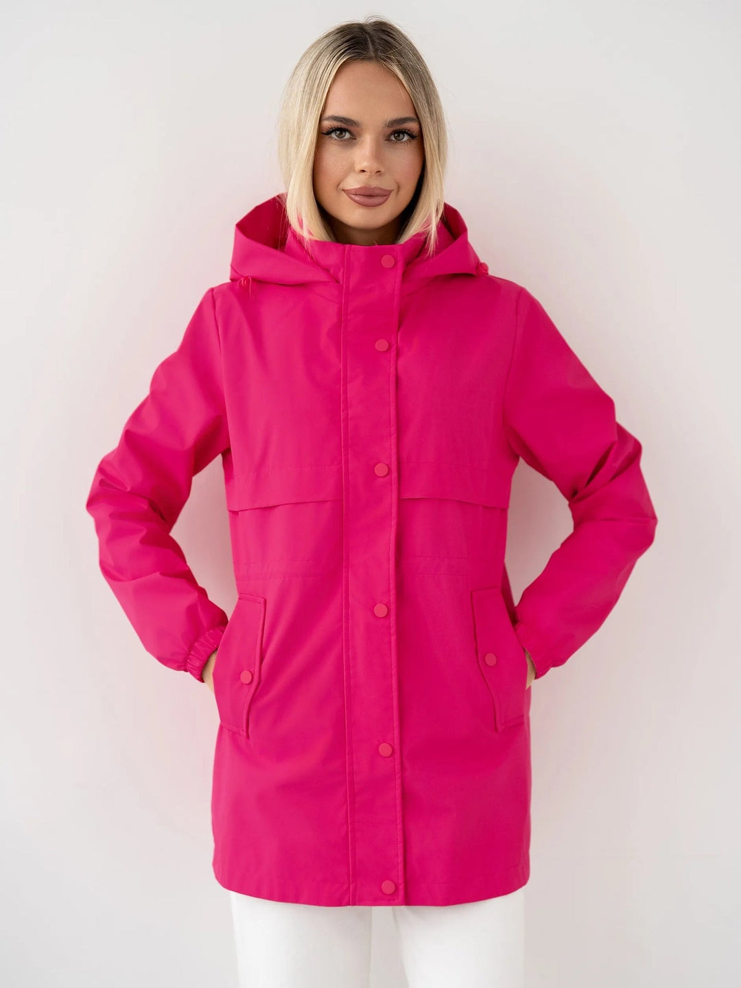 Dam Water-Repellent med Huva Parka med Midja med Dragsko och Utanpåfickor