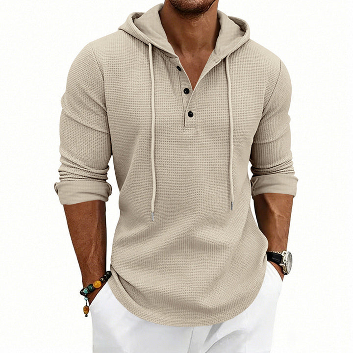 Herr Waffle Stickad Henley Luvtröja med Knapplist och Huva