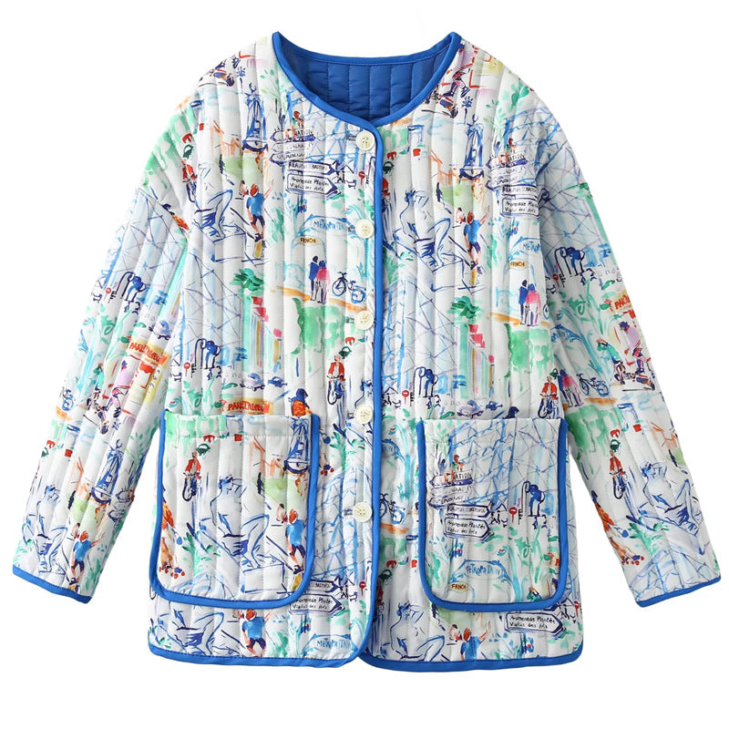 Dam quiltad jacka i overshirt look med colorful city tryck, kontrast piping, och patch framfickor