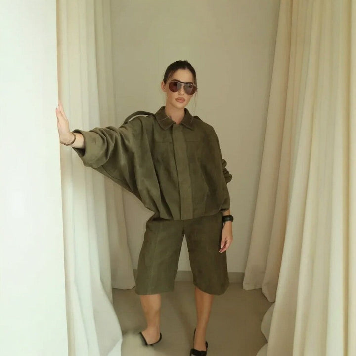 Dam oversize kort Velour Blouson med fåll med dragsko och Shoulder Epaulettes