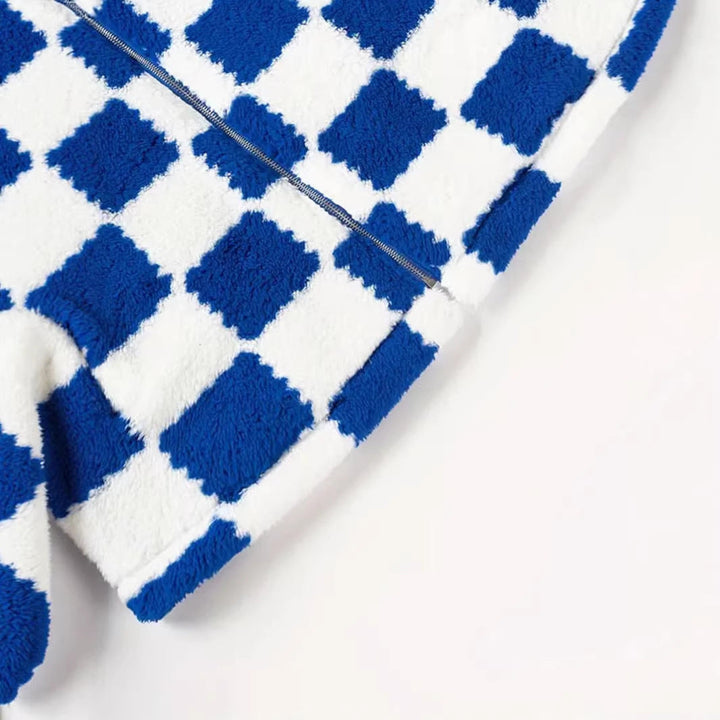 Dam rutig design Teddy fleecejacka med ståkrage, dragkedja och oversized skärning