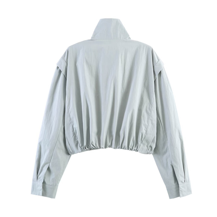 Dam Kort Windbreaker med Stå Krage, Oversize Ärmar och Dold Front