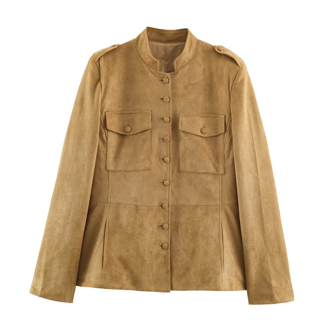 Dam Skräddarsydd Velour Jacka i Field Stil med Ståkrage och Bröst Flaps