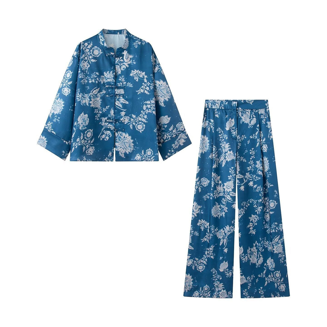 Dam Brocade Jacka med Mandarin Krage, Knot Closures och Wide Kimono Ärmar