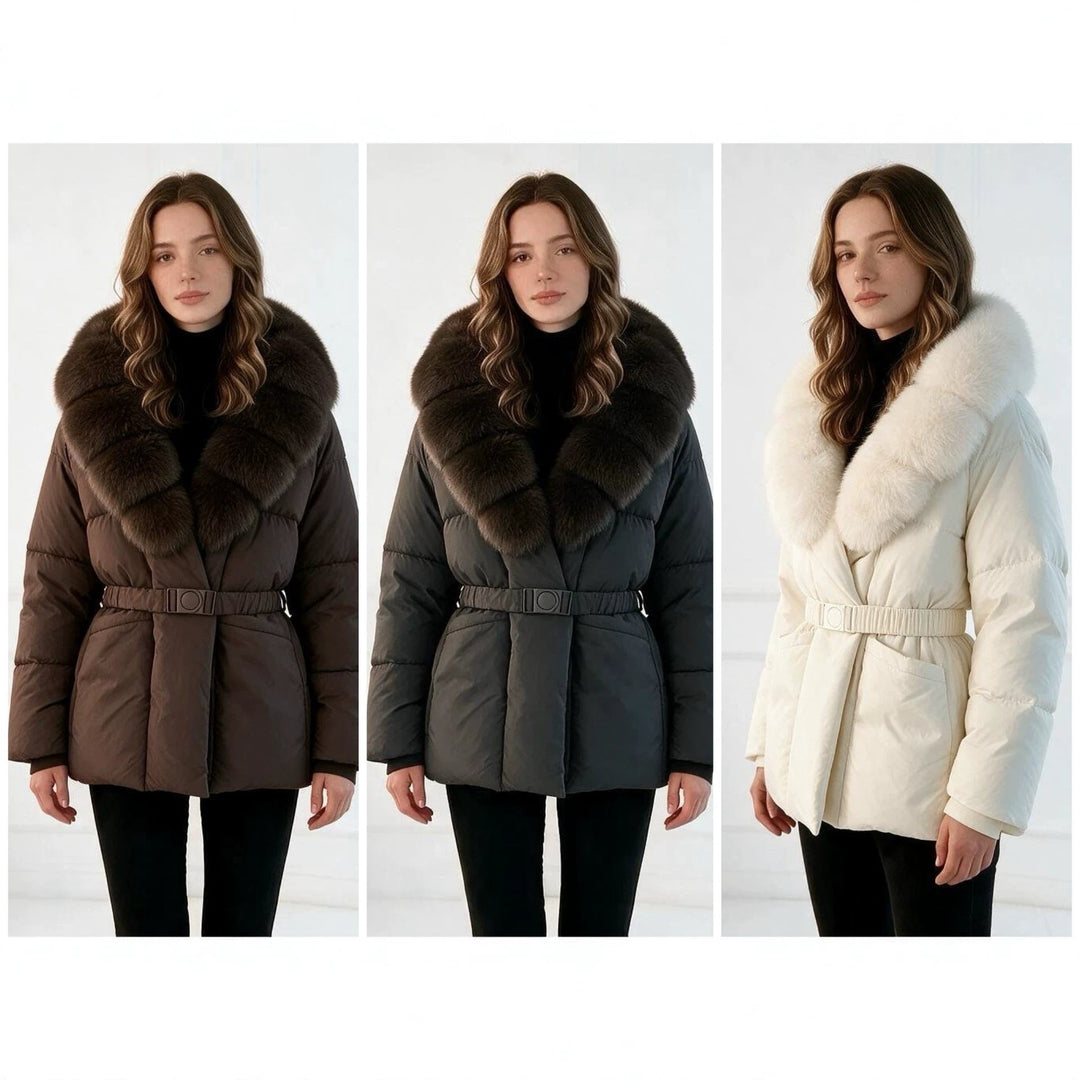Dam skräddad kviltad jacka med oversize faux fur krage, figurnära bälte, och warming värmeisolering