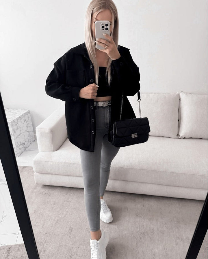 Dam oversize skjortjacka Shacket gjord mjuk ullblandning med patch bröstfickor