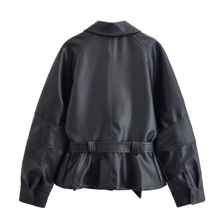 Dam Kort Läderlook Blouson med Wrap Belt, Oversize Ärmar och Distinctive Dekorativ Seams