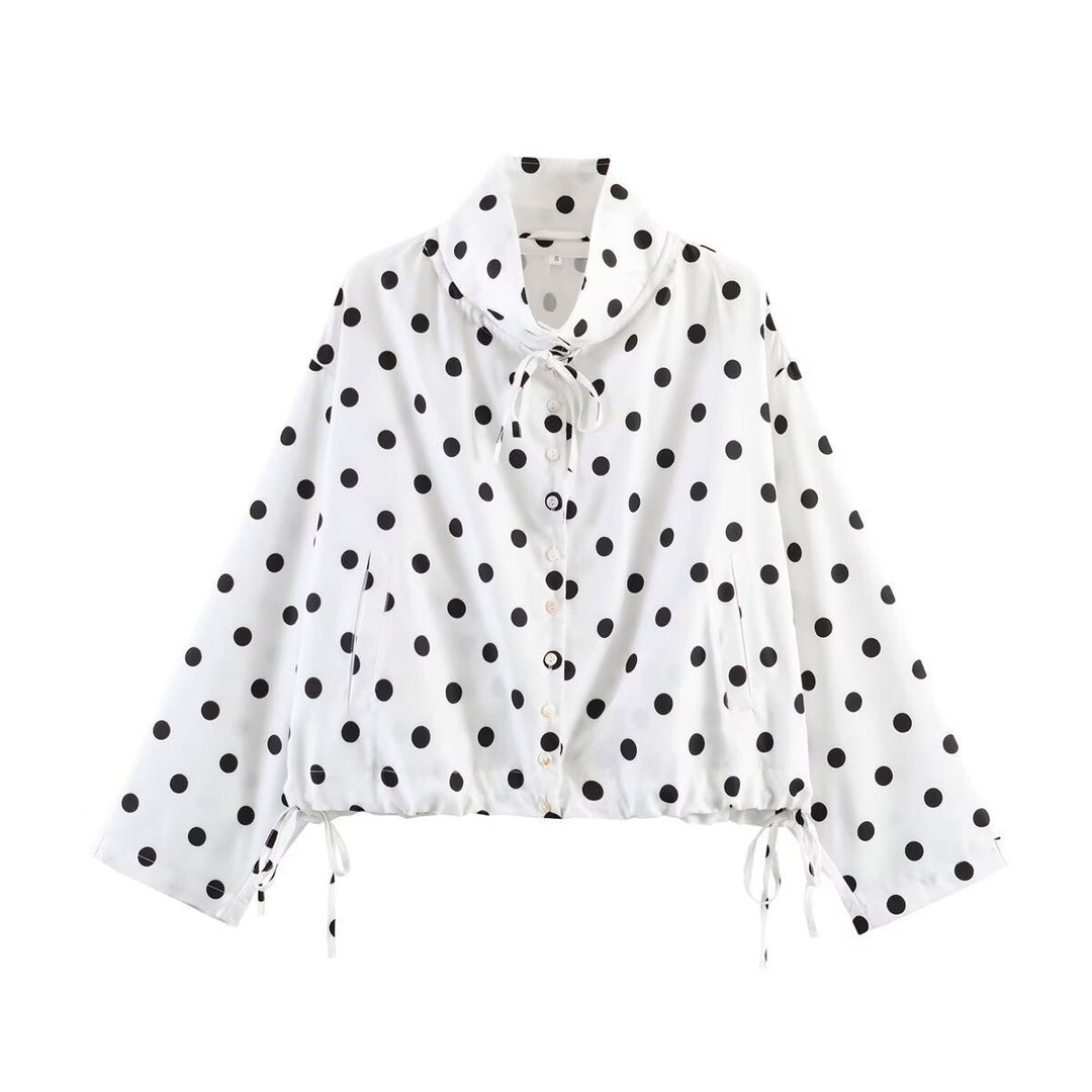 Dam kort Polka Dot Transition jacka med ståkrage, fåll med dragsko och knappslå