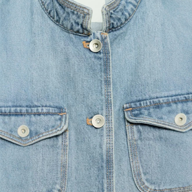 Dam Utility-Stil Denimjacka med Stå Krage, Flapped Fickor, och Shoulder Patches