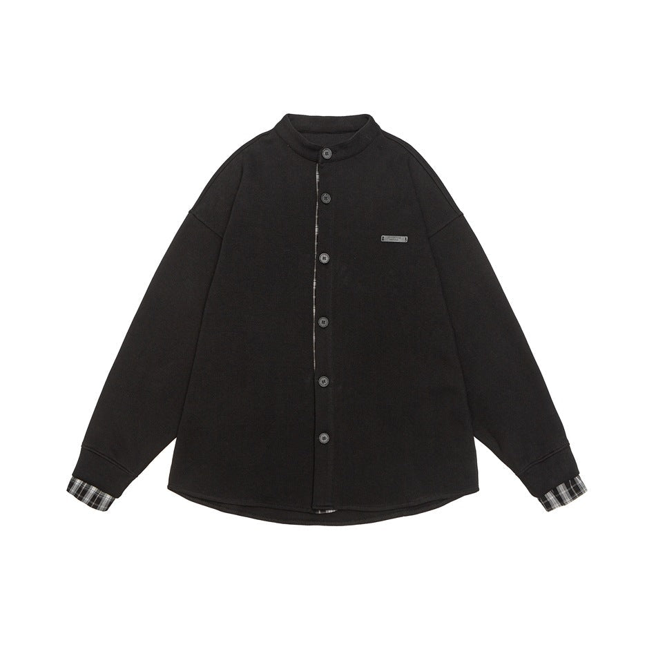 Unisex Oversized Skjorta Jacka i Sweat Overlay med Ståkrage och Rutig Inner Cuff
