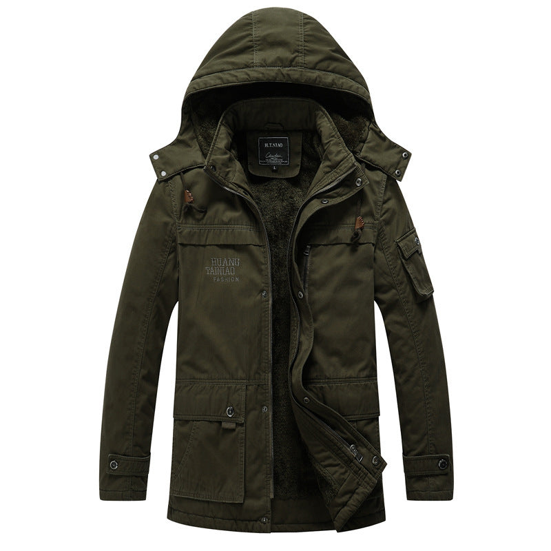 Herr Canvas Militär Parka med Teddyfoder, Huva, och Multifunctional Fickor