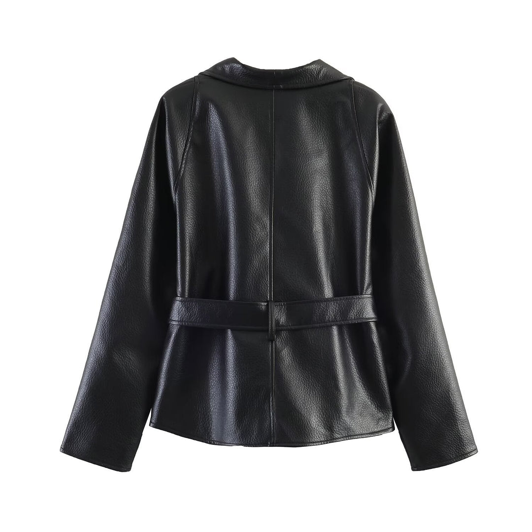 Dam Läderlook Wrap Jacka med Tie Belt
