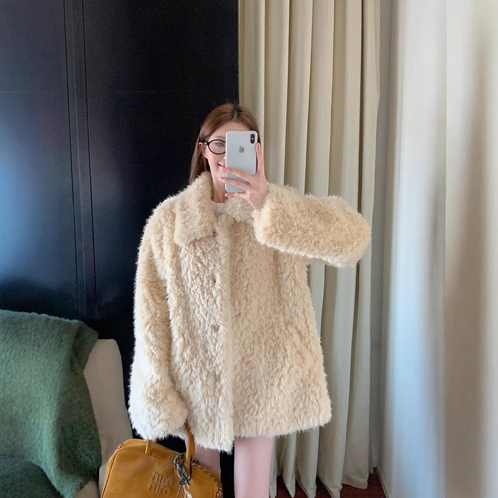 Dam oversize Faux Fur kappa med teddy look, Stand krage och fickor
