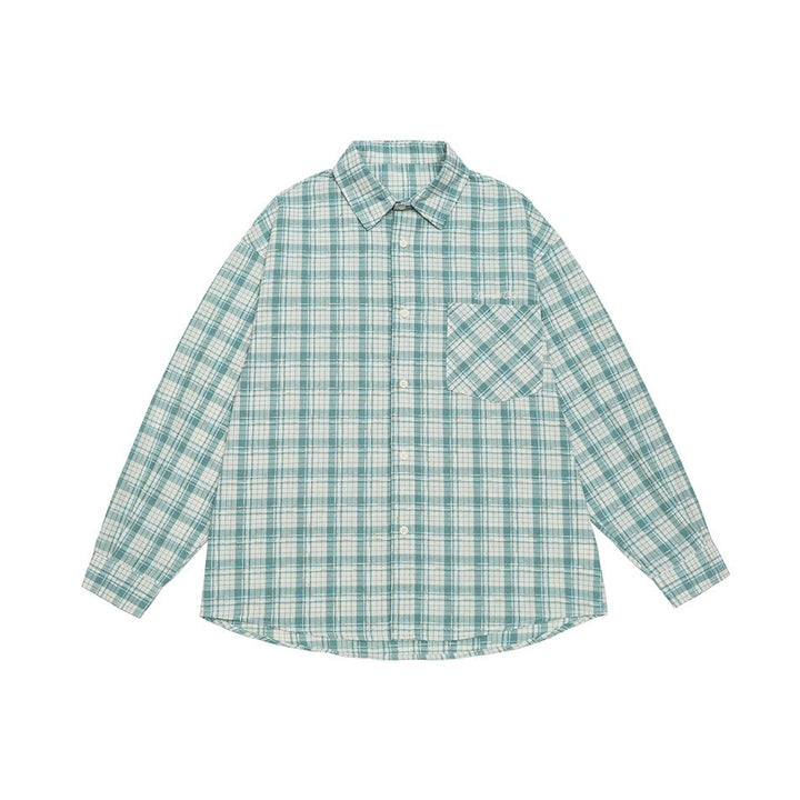 Unisex Oversized Check Skjorta Jacka Gjord av Lätt Bomullsblandning med Lapp Bröstficka