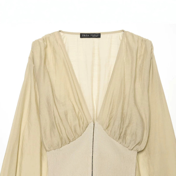 Dam Kort Bolero Blouson med Deep V-Neck, Gathered Yoke och Balloon Ärmar