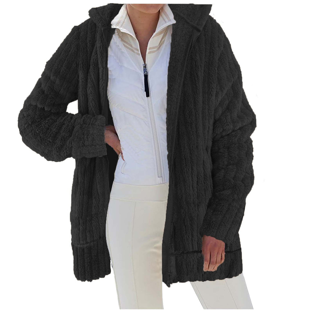 Dam Oversize Teddy-fleece Hooded kappa med ribbstickade muddar och sidofickor