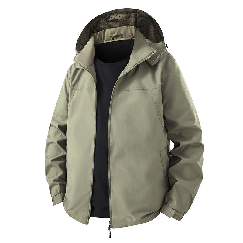 Herr Lätt Water-Repellent med Huva Shell Jacka med Andningsbar Mesh Foder och Adjustable Fåll