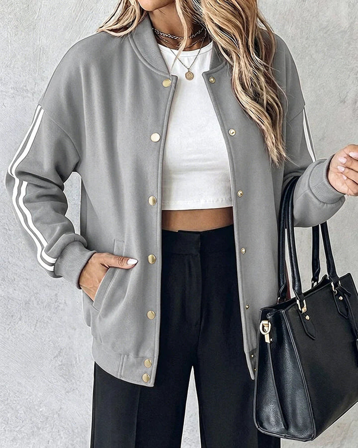 Dam oversized College jacka med Snap knäppning och kontrasterande Stripe ärmar