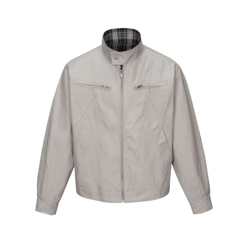 Herr cropped canvas blouson jacka med ståkrage, fickor med dragkedja, och rutig foder
