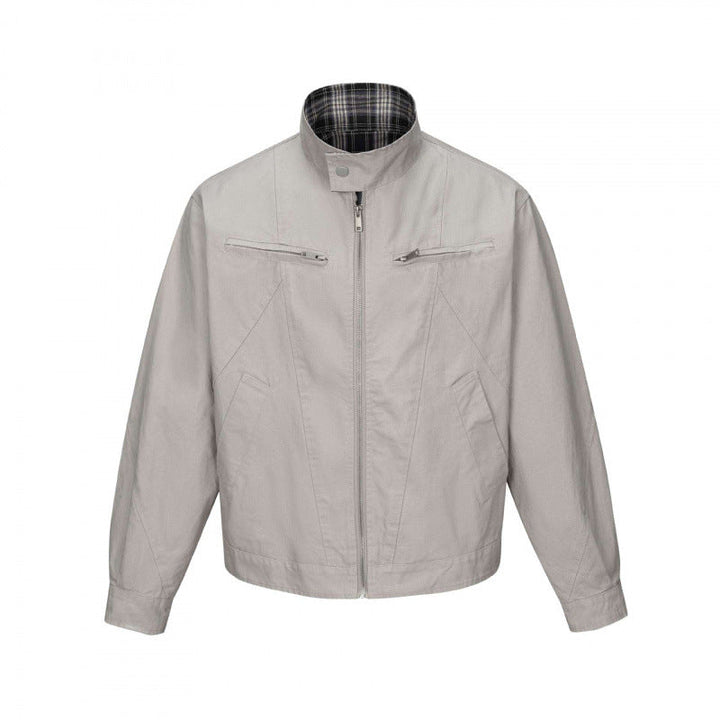 Herr cropped canvas blouson jacka med ståkrage, fickor med dragkedja, och rutig foder