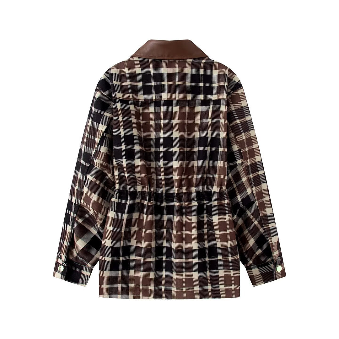 Dam Checked Transitional Parka med Faux Läder Krage, Drawstring och Lock Fickor