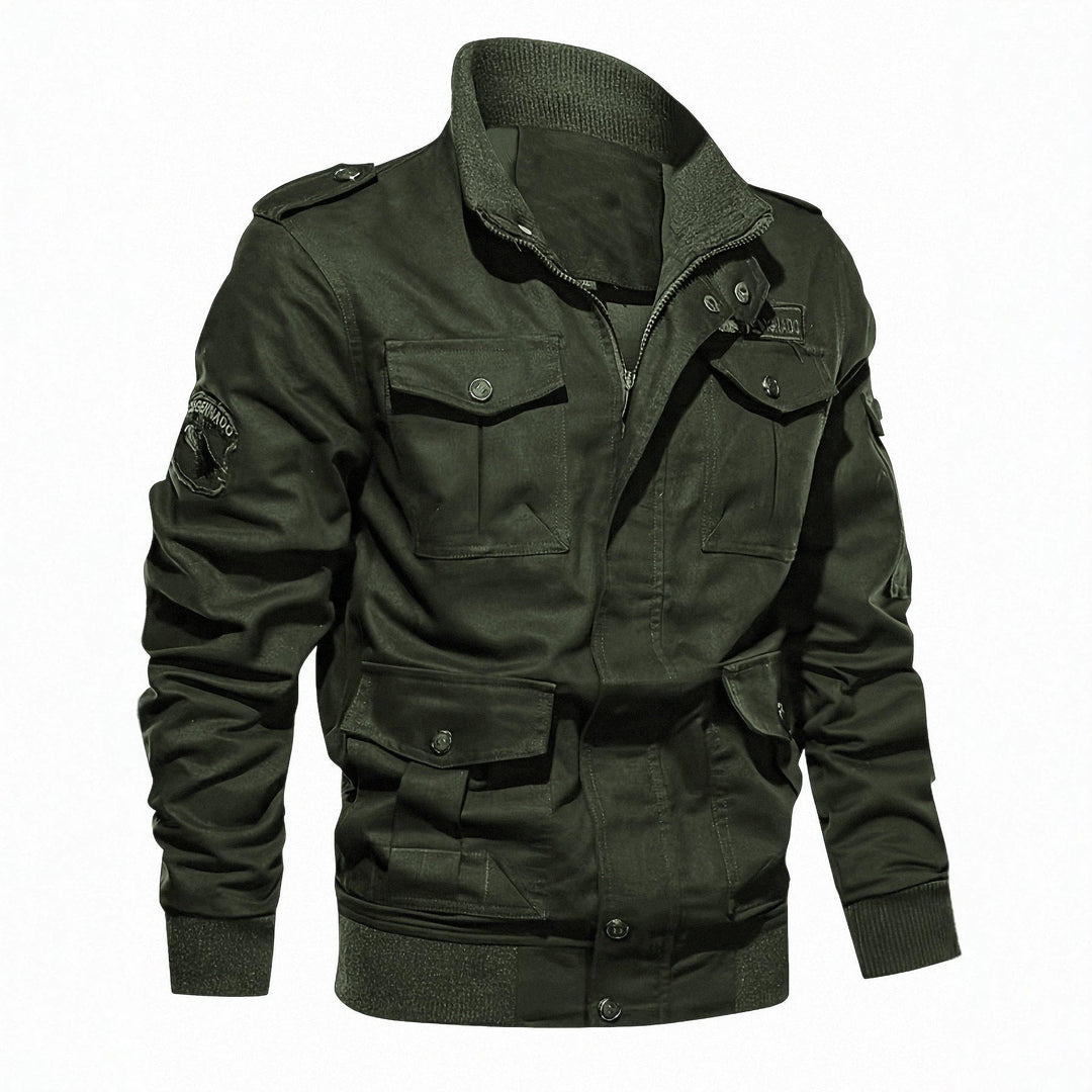Herr Military-Inspired Canvas Fältjacka med Axelklaffar och Multifunktionell Fickor