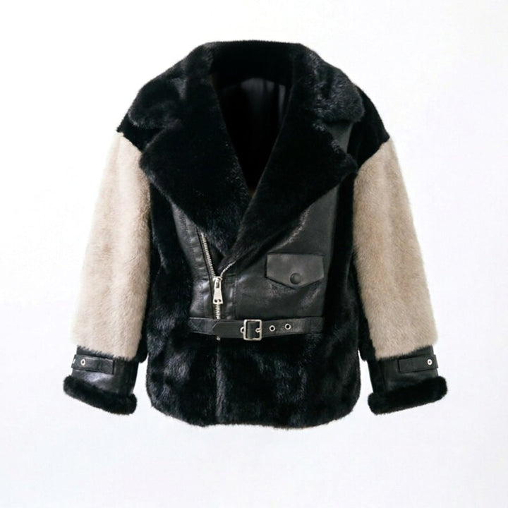Dam kort jacka in aviator stil gjord faux sheepskin med kontrast ärmar