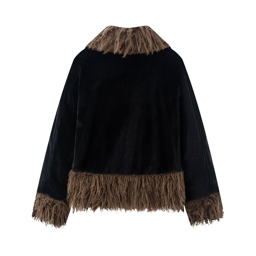 Dam Kort Jacka med Faux Fur Kant, Velvet Look och Fringed Nederkant