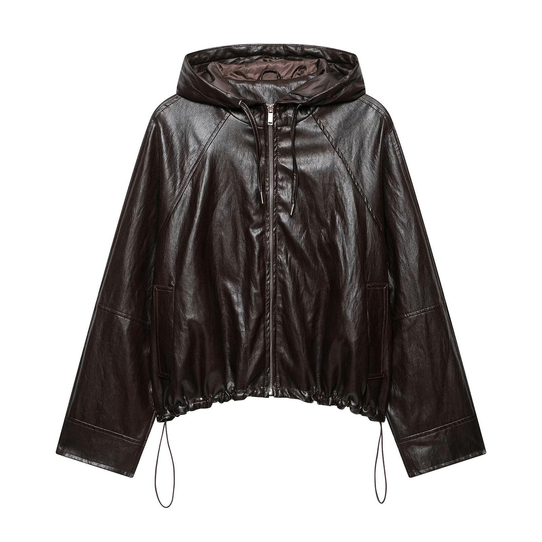 Dam Kort Huvtröja Jacka i Konstläder med Drawstring Raglan Ärmar och Dragkedja